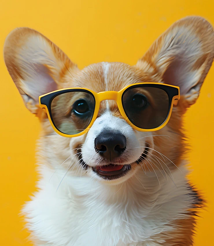 ein fröhlicher kleiner Hund mit einer gelben Sonnenbrille